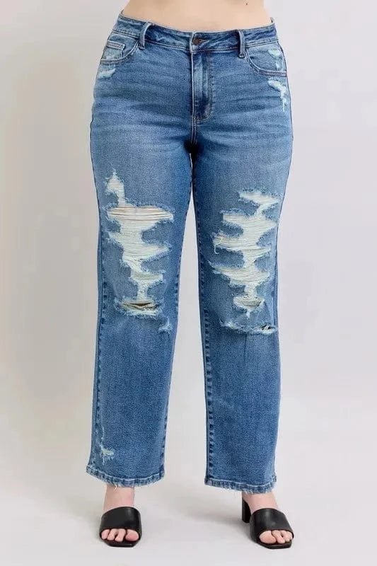 Judy Blue Full Size High Waist Heavy Destroy Straight Jeans Plus Size - MD by Trendsi from FREYA’S CLOSET
