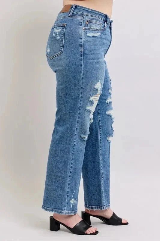 Judy Blue Full Size High Waist Heavy Destroy Straight Jeans Plus Size - MD by Trendsi from FREYA’S CLOSET