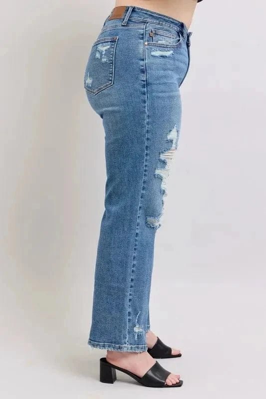 Judy Blue Full Size High Waist Heavy Destroy Straight Jeans Plus Size - MD by Trendsi from FREYA’S CLOSET