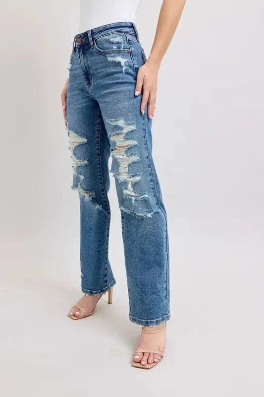 Judy Blue Full Size High Waist Heavy Destroy Straight Jeans Plus Size - MD by Trendsi from FREYA’S CLOSET
