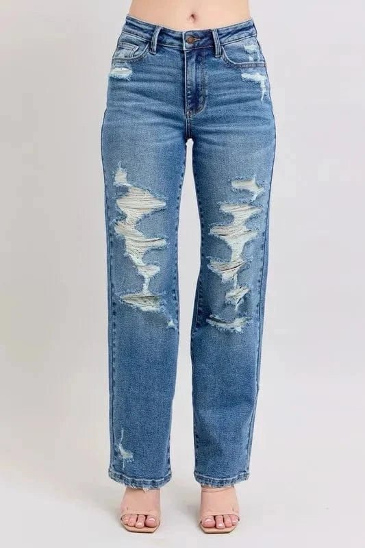 Judy Blue Full Size High Waist Heavy Destroy Straight Jeans Plus Size - MD by Trendsi from FREYA’S CLOSET
