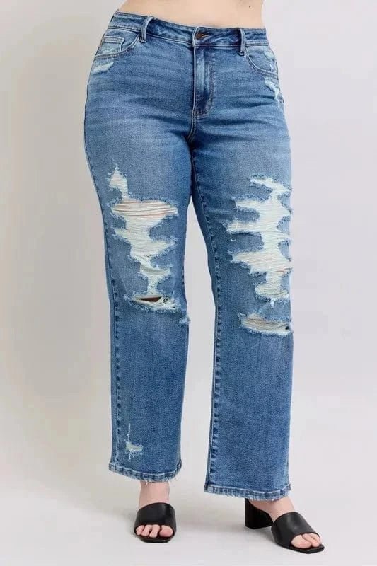 Judy Blue Full Size High Waist Heavy Destroy Straight Jeans Plus Size - MD by Trendsi from FREYA’S CLOSET