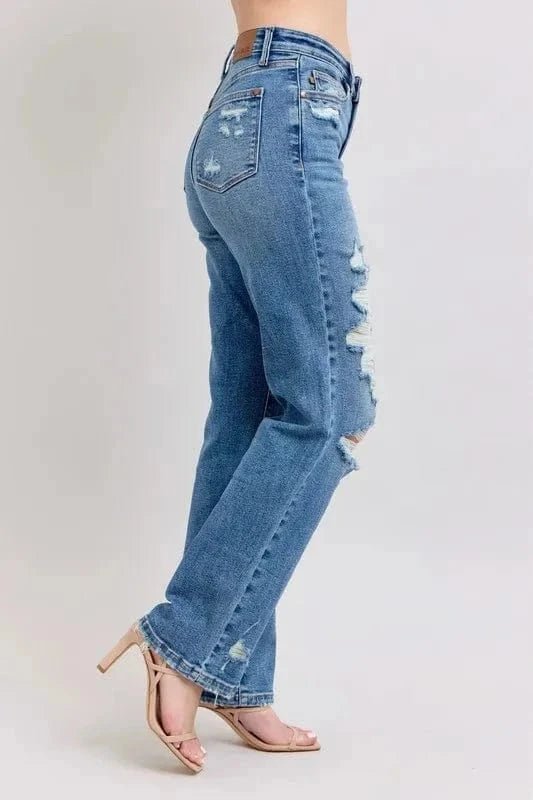 Judy Blue Full Size High Waist Heavy Destroy Straight Jeans Plus Size - MD by Trendsi from FREYA’S CLOSET