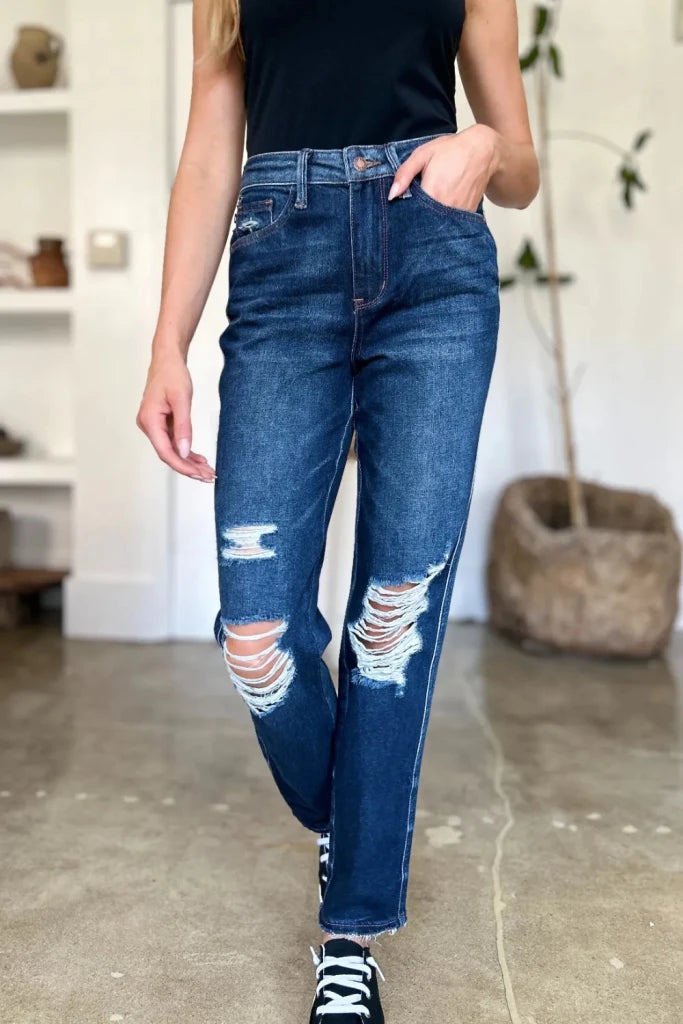 Judy Blue Full Size High Waist Rigid Magic Heavy Destroy Straight Jeans - Dark by Trendsi from FREYA’S CLOSET