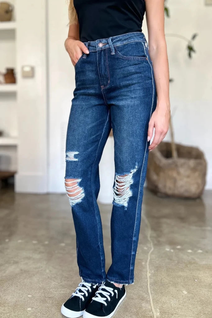 Judy Blue Full Size High Waist Rigid Magic Heavy Destroy Straight Jeans - Dark by Trendsi from FREYA’S CLOSET