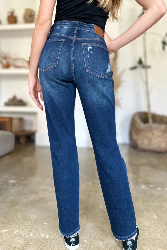 Judy Blue Full Size High Waist Rigid Magic Heavy Destroy Straight Jeans - Dark by Trendsi from FREYA’S CLOSET