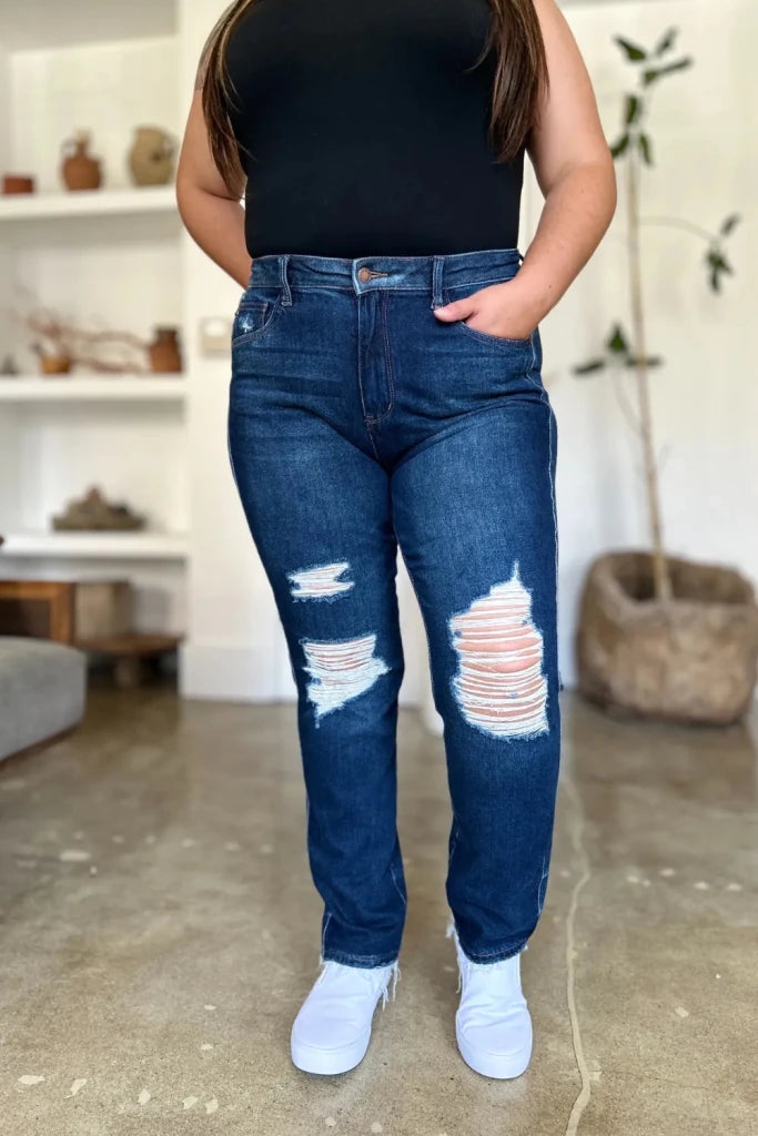 Judy Blue Full Size High Waist Rigid Magic Heavy Destroy Straight Jeans - Dark by Trendsi from FREYA’S CLOSET
