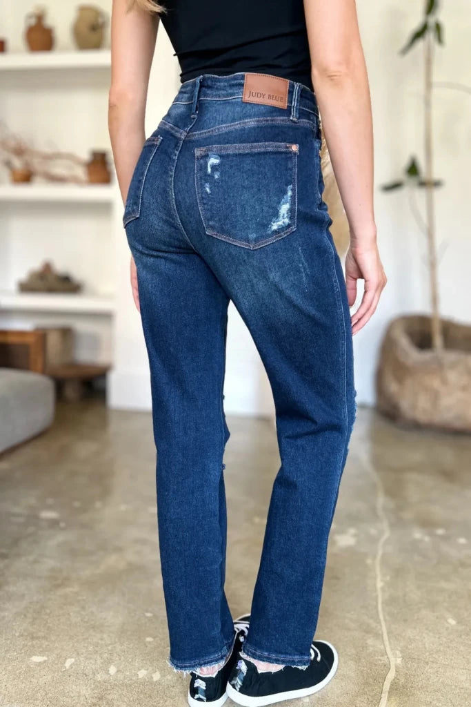 Judy Blue Full Size High Waist Rigid Magic Heavy Destroy Straight Jeans - Dark by Trendsi from FREYA’S CLOSET