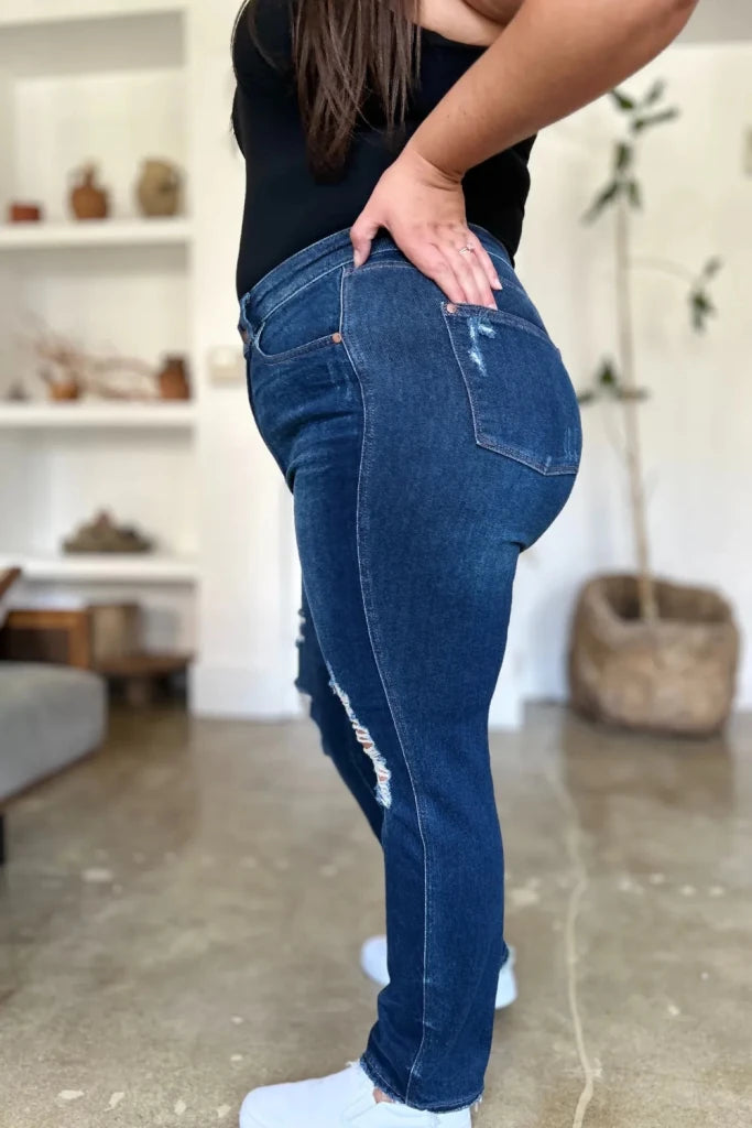 Judy Blue Full Size High Waist Rigid Magic Heavy Destroy Straight Jeans - Dark by Trendsi from FREYA’S CLOSET