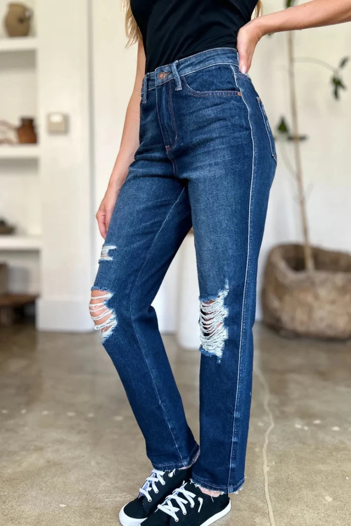 Judy Blue Full Size High Waist Rigid Magic Heavy Destroy Straight Jeans - Dark by Trendsi from FREYA’S CLOSET