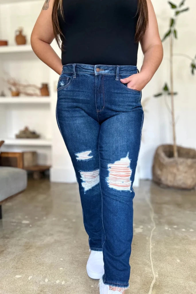 Judy Blue Full Size High Waist Rigid Magic Heavy Destroy Straight Jeans - Dark by Trendsi from FREYA’S CLOSET
