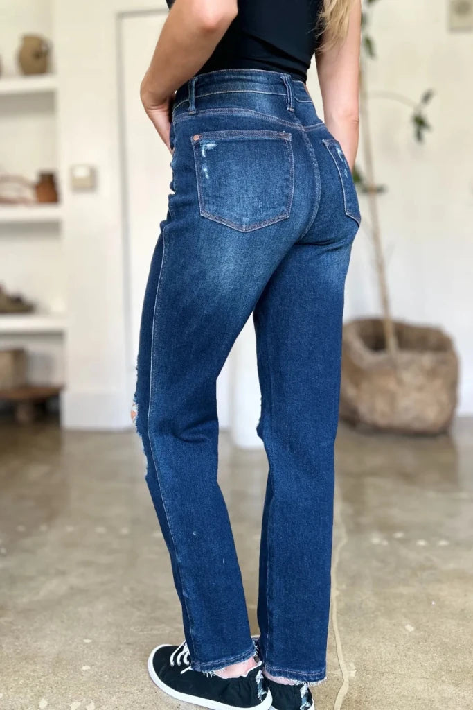 Judy Blue Full Size High Waist Rigid Magic Heavy Destroy Straight Jeans - Dark by Trendsi from FREYA’S CLOSET