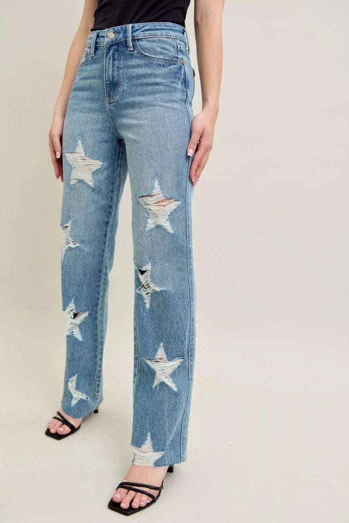 Judy Blue Full Size High Waist Rigid Magic Star Shaped Destroy 90's Straight Jeans Plus Size - MD by Trendsi from FREYA’S CLOSET