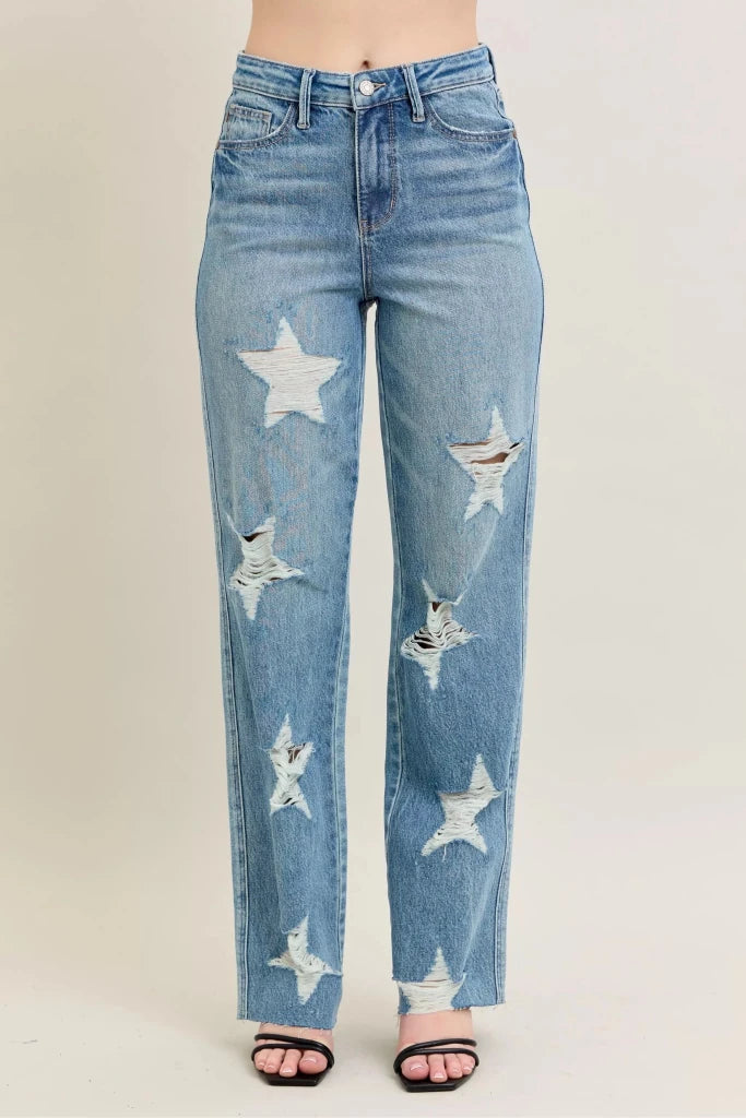 Judy Blue Full Size High Waist Rigid Magic Star Shaped Destroy 90's Straight Jeans Plus Size - MD by Trendsi from FREYA’S CLOSET