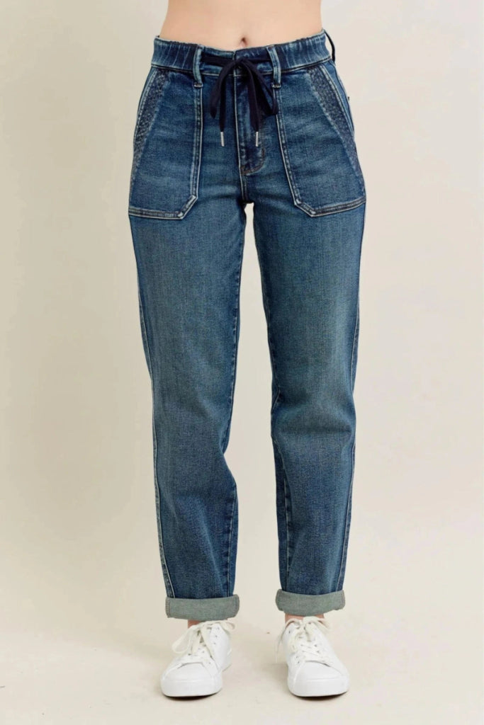 Judy Blue Full Size HW Vintage Wash Jeans w/ Drawstring Plus Size - Dark by Trendsi from FREYA’S CLOSET