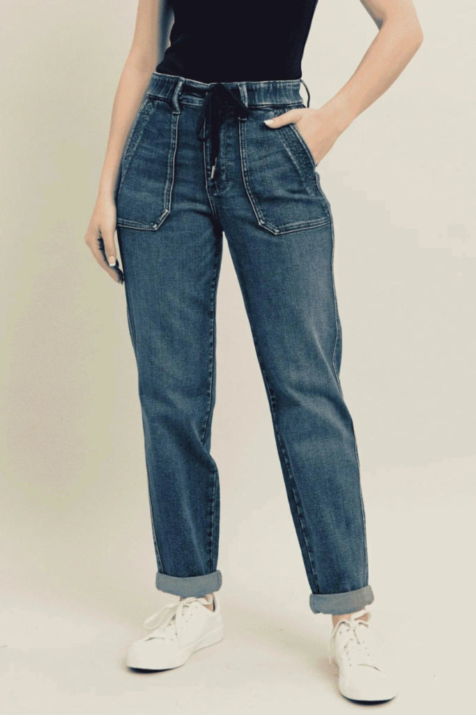 Judy Blue Full Size HW Vintage Wash Jeans w/ Drawstring Plus Size - Dark by Trendsi from FREYA’S CLOSET