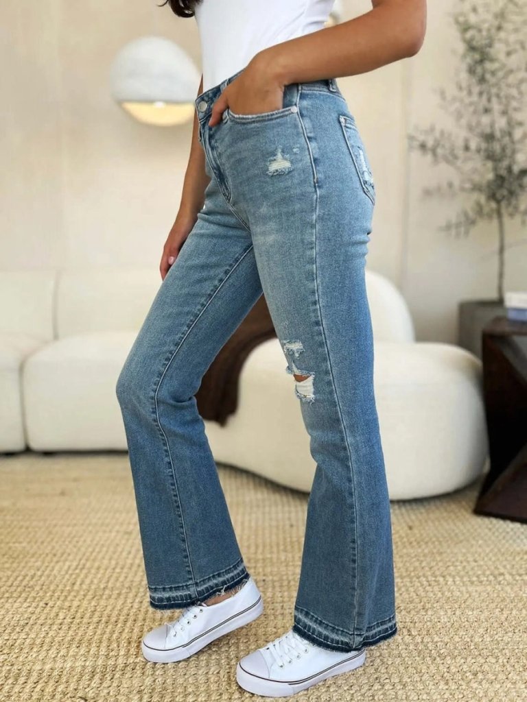 Judy Blue Full Size Mid Rise Destroyed Hem Distressed Jeans - Medium by Trendsi from FREYA’S CLOSET