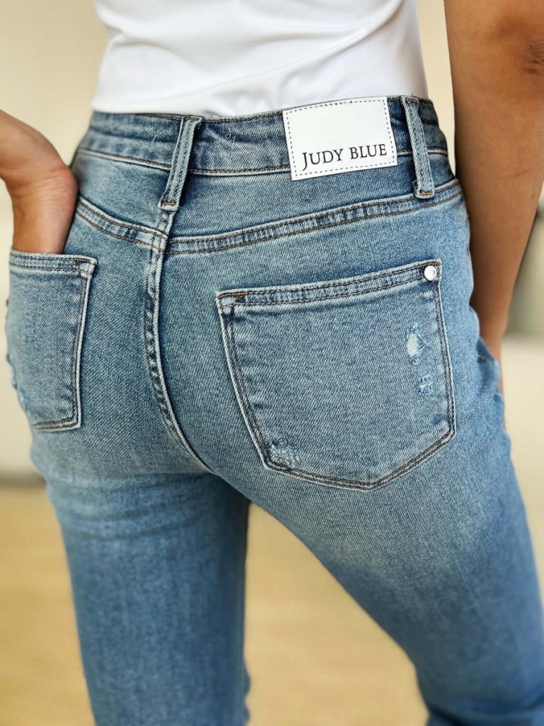 Judy Blue Full Size Mid Rise Destroyed Hem Distressed Jeans - Medium by Trendsi from FREYA’S CLOSET