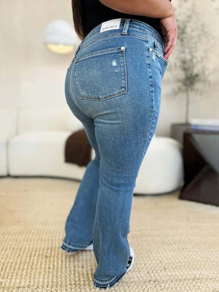 Judy Blue Full Size Mid Rise Destroyed Hem Distressed Jeans - Medium by Trendsi from FREYA’S CLOSET