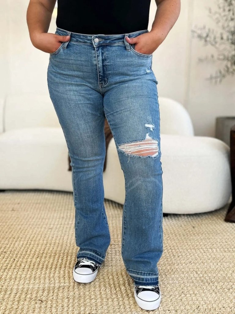 Judy Blue Full Size Mid Rise Destroyed Hem Distressed Jeans - Medium by Trendsi from FREYA’S CLOSET