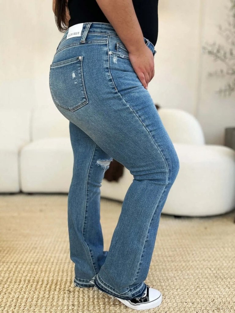 Judy Blue Full Size Mid Rise Destroyed Hem Distressed Jeans - Medium by Trendsi from FREYA’S CLOSET