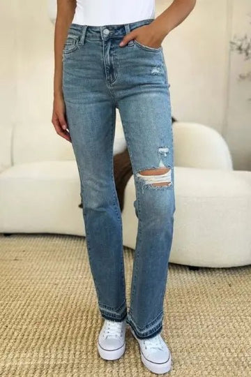 Judy Blue Full Size Mid Rise Destroyed Hem Distressed Jeans - Medium by Trendsi from FREYA’S CLOSET