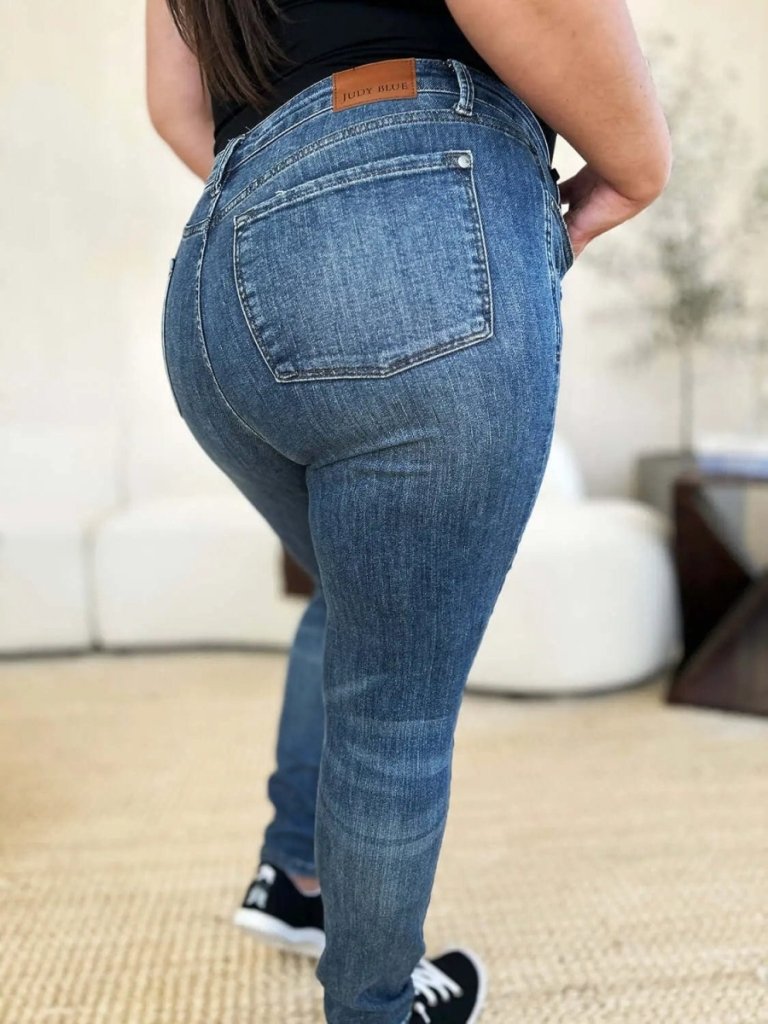 Judy Blue Full Size Mid Waist Distressed Slim Jeans - Dark by Trendsi from FREYA’S CLOSET