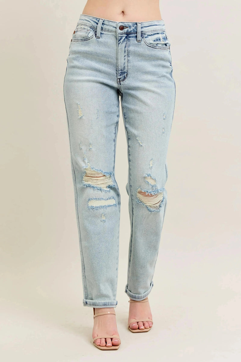 Trendsi Jeans Judy Blue Full Size Mr Repair Stitch Detail Destroy Single Cuff Bf Jeans Plus Size