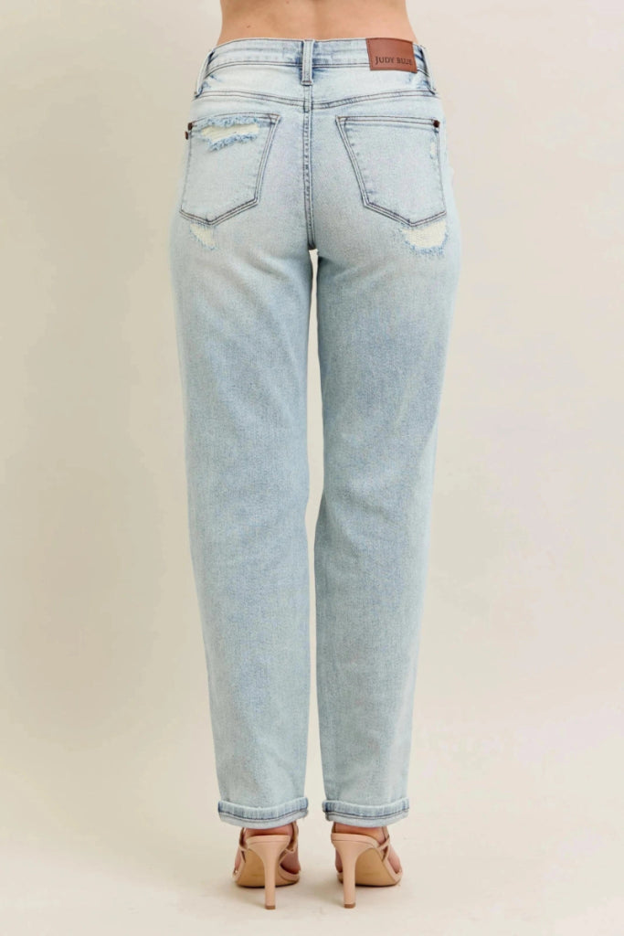 Judy Blue Full Size Mr Repair Stitch Detail Destroy Single Cuff Bf Jeans Plus Size - LT by Trendsi from FREYA’S CLOSET