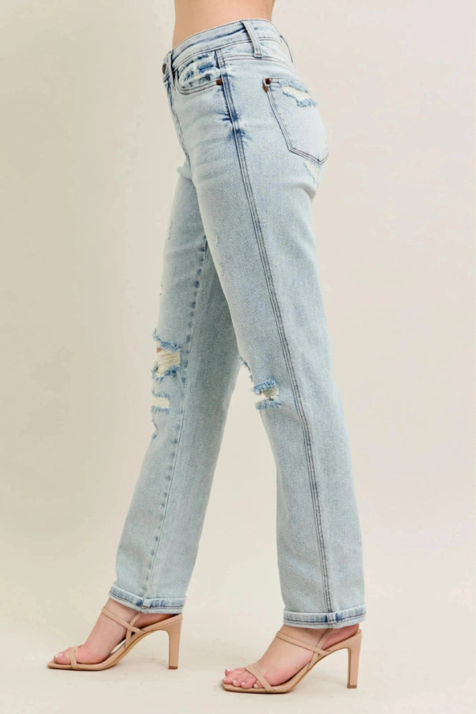 Judy Blue Full Size Mr Repair Stitch Detail Destroy Single Cuff Bf Jeans Plus Size - LT by Trendsi from FREYA’S CLOSET