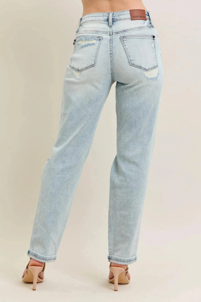 Judy Blue Full Size Mr Repair Stitch Detail Destroy Single Cuff Bf Jeans Plus Size - LT by Trendsi from FREYA’S CLOSET