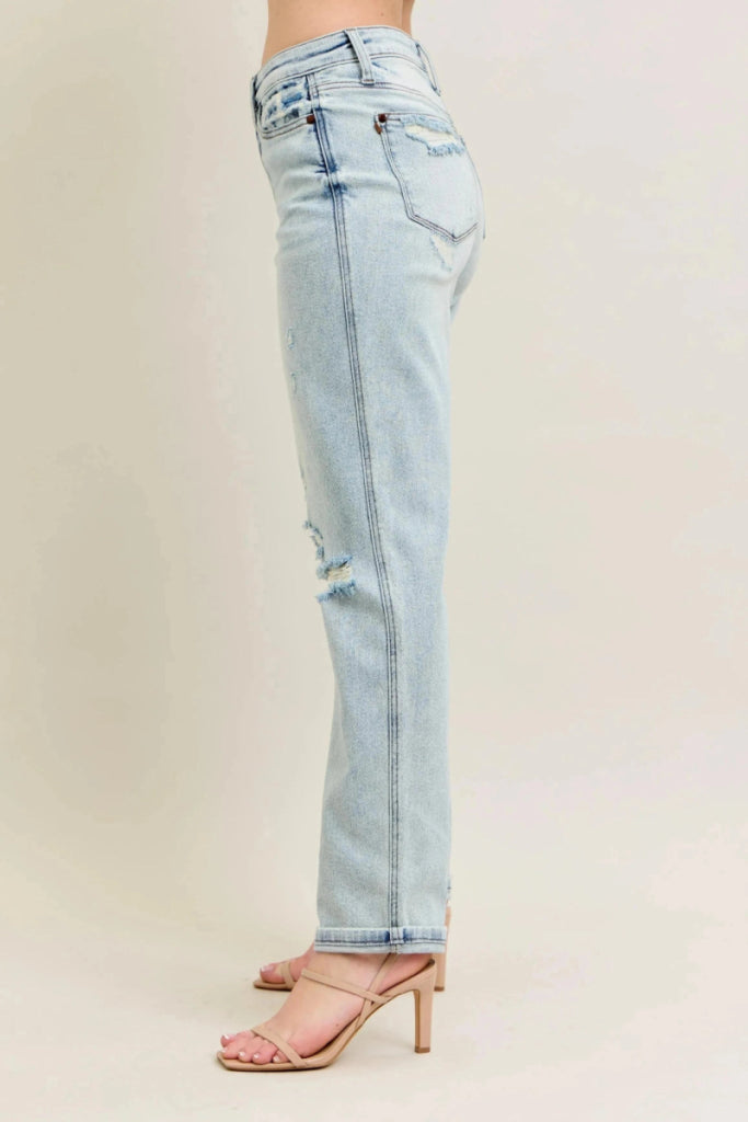 Judy Blue Full Size Mr Repair Stitch Detail Destroy Single Cuff Bf Jeans Plus Size - LT by Trendsi from FREYA’S CLOSET