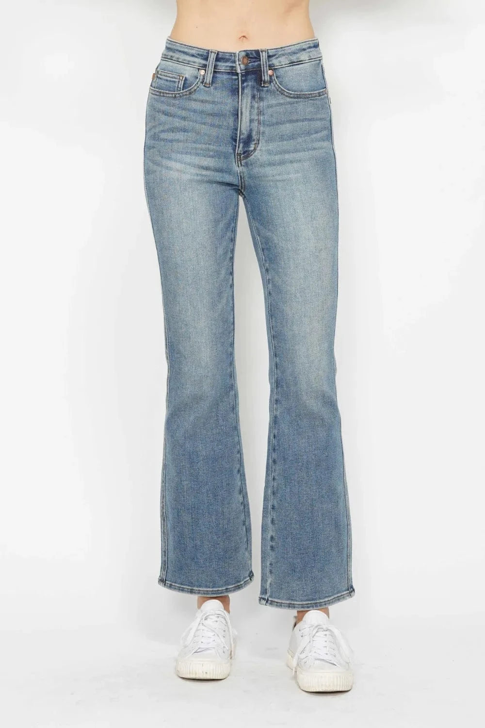 Trendsi Jeans SHORT INSEAM / 0/24 Judy Blue Full Size Tummy Control Back Embroidered Pocketed Bootcut Jeans Plus Size