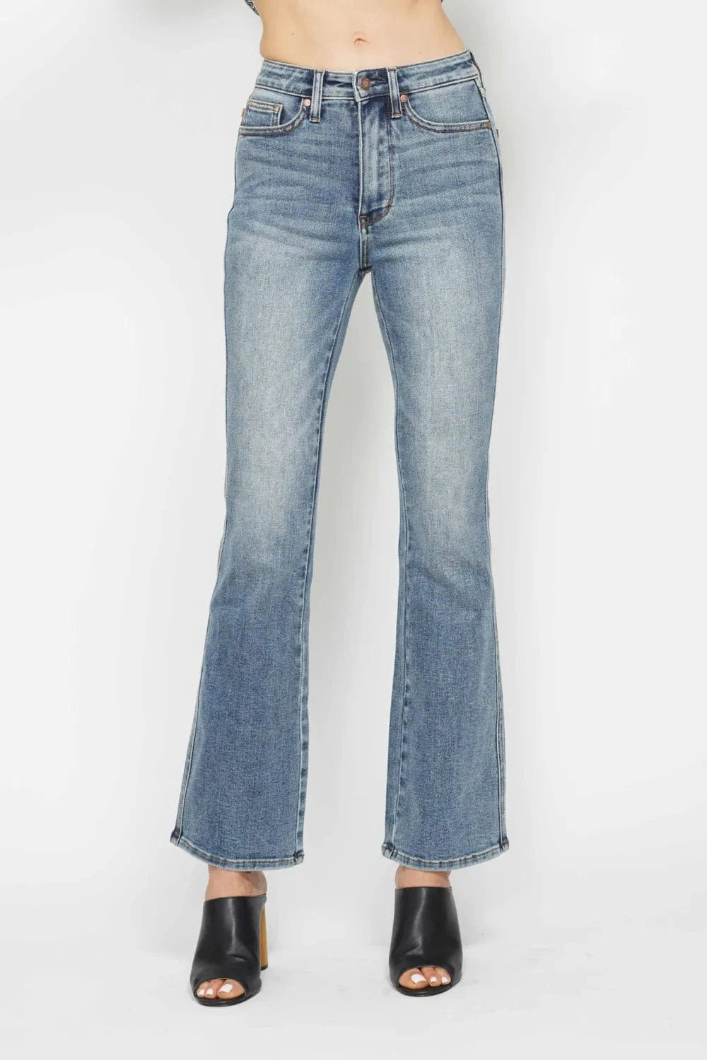 Trendsi Jeans REG INSEAM / 0/24 Judy Blue Full Size Tummy Control Back Embroidered Pocketed Bootcut Jeans Plus Size