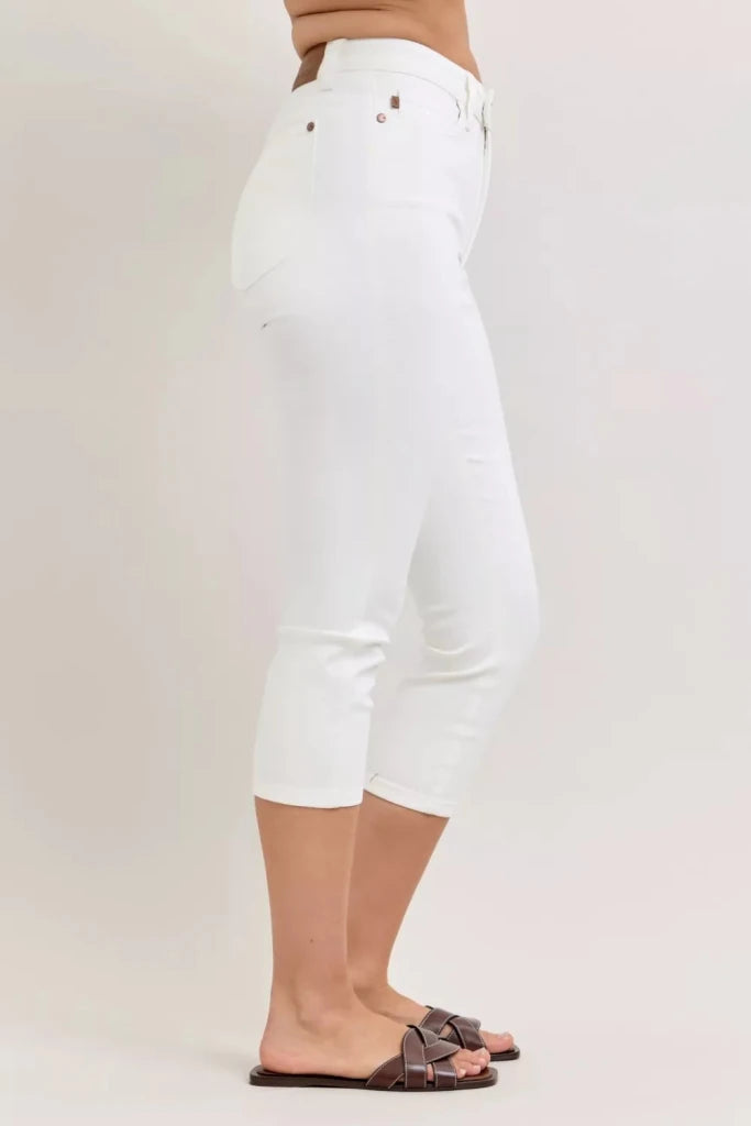 Judy Blue High Waist Extended Waistband Capri Pants with Spade Pockets - WHT by Trendsi from FREYA’S CLOSET
