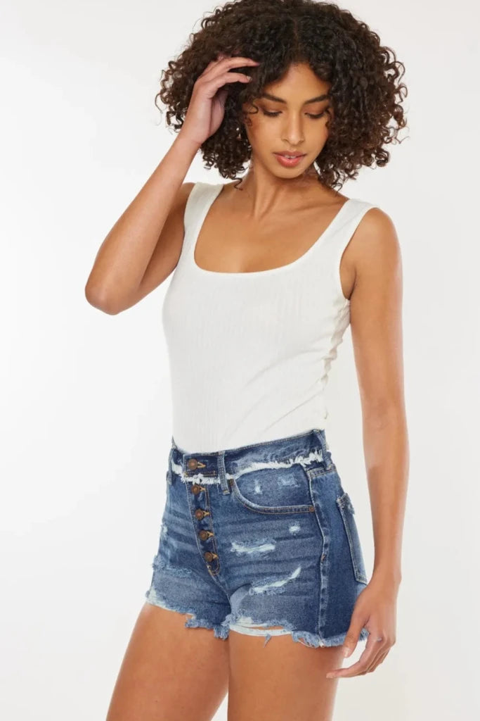 Kancan Distressed Button Fly Denim Shorts - Dark by Trendsi from FREYA’S CLOSET
