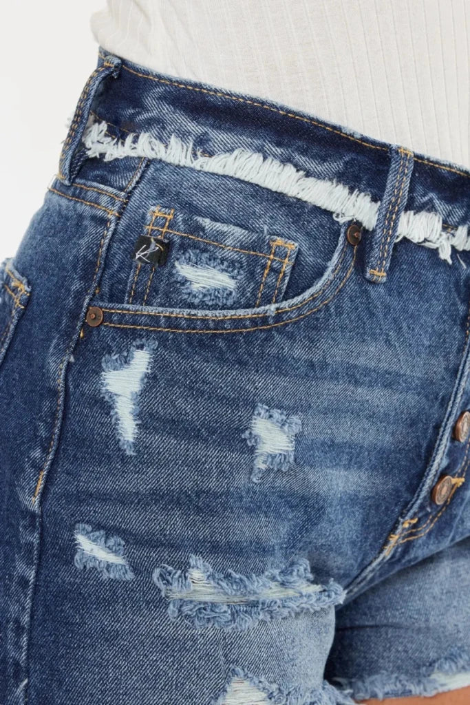 Kancan Distressed Button Fly Denim Shorts - Dark by Trendsi from FREYA’S CLOSET