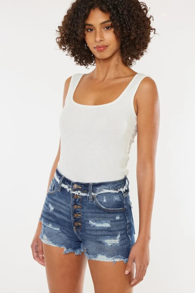 Kancan Distressed Button Fly Denim Shorts - Dark by Trendsi from FREYA’S CLOSET