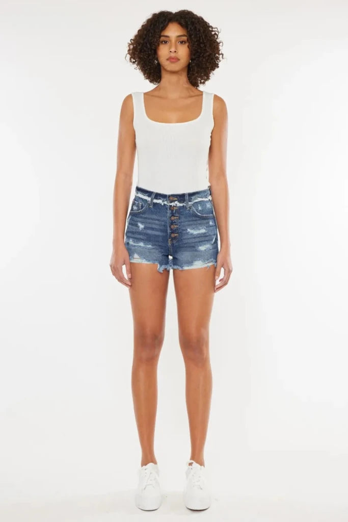 Kancan Distressed Button Fly Denim Shorts - Dark by Trendsi from FREYA’S CLOSET