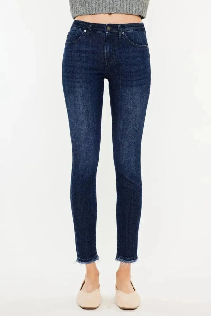 Kancan High - Rise Slim Fit Raw Hem Ankle Jeans - DARK by Trendsi from FREYA’S CLOSET