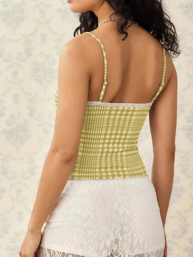 Lace Detail Plaid Square Neck Cami - Chartreuse by Trendsi from FREYA’S CLOSET
