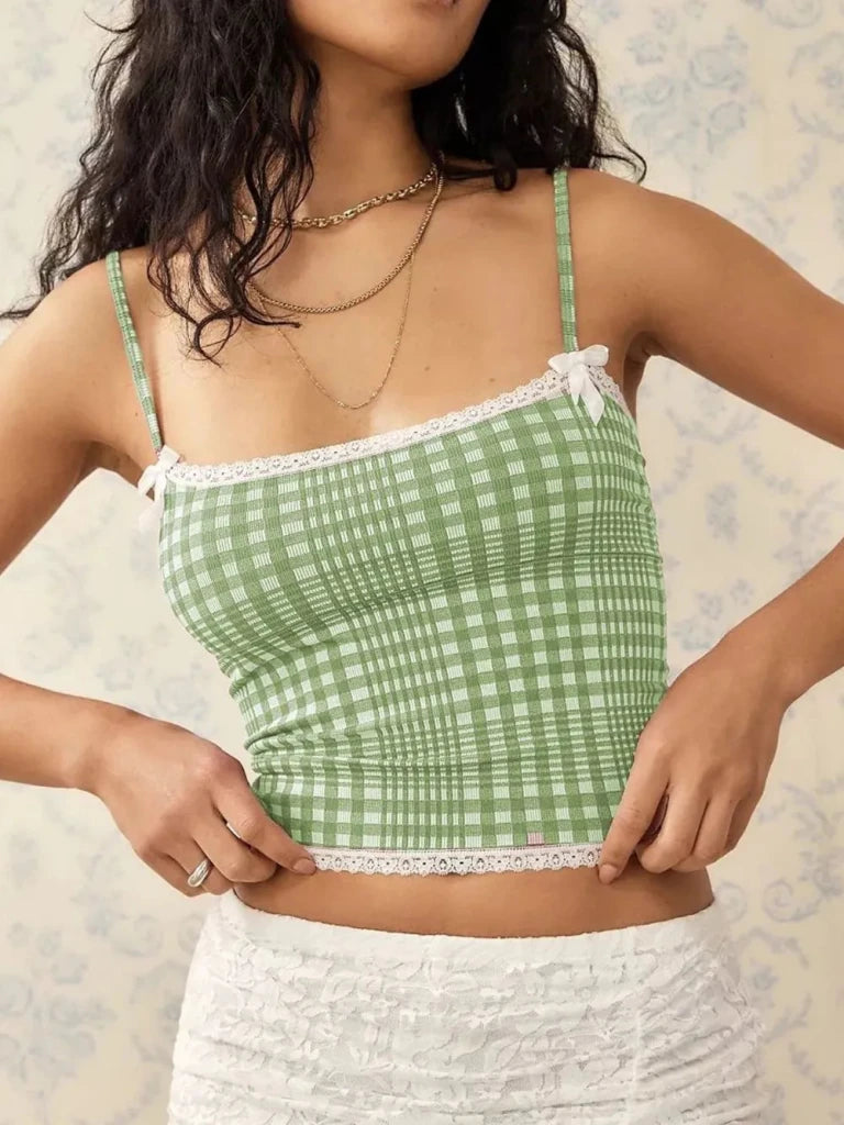 Lace Detail Plaid Square Neck Cami - Gum Leaf by Trendsi from FREYA’S CLOSET