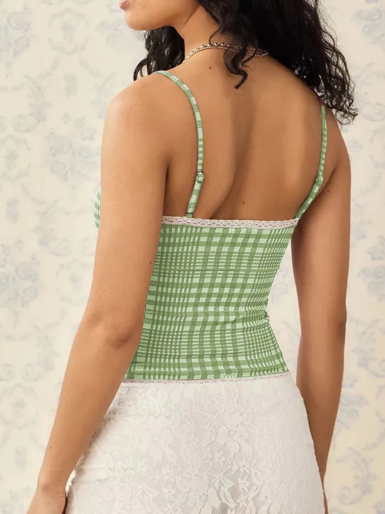 Lace Detail Plaid Square Neck Cami - Gum Leaf by Trendsi from FREYA’S CLOSET