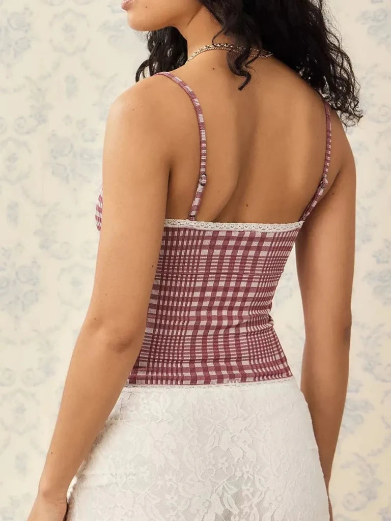 Lace Detail Plaid Square Neck Cami - Moonlit Mauve by Trendsi from FREYA’S CLOSET