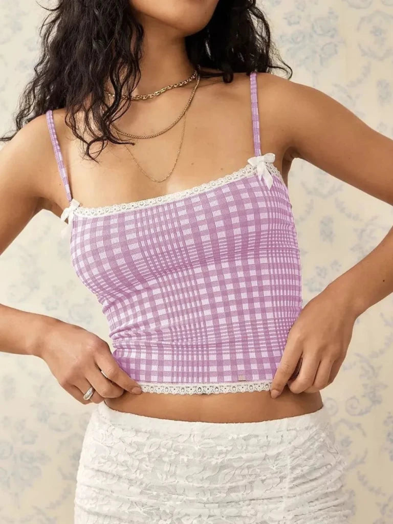 Lace Detail Plaid Square Neck Cami - Pink Purple by Trendsi from FREYA’S CLOSET