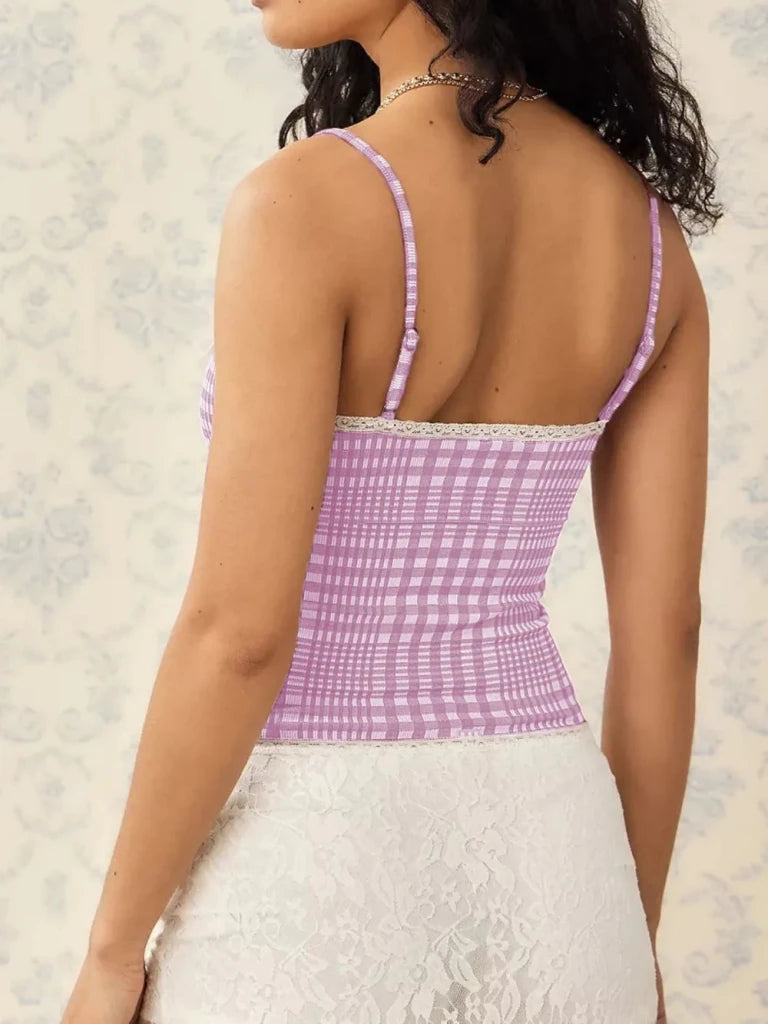 Lace Detail Plaid Square Neck Cami - Pink Purple by Trendsi from FREYA’S CLOSET
