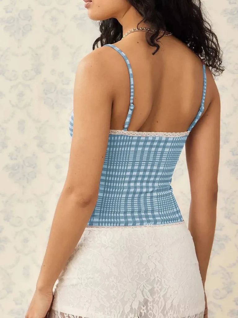 Lace Detail Plaid Square Neck Cami - Sky Blue by Trendsi from FREYA’S CLOSET