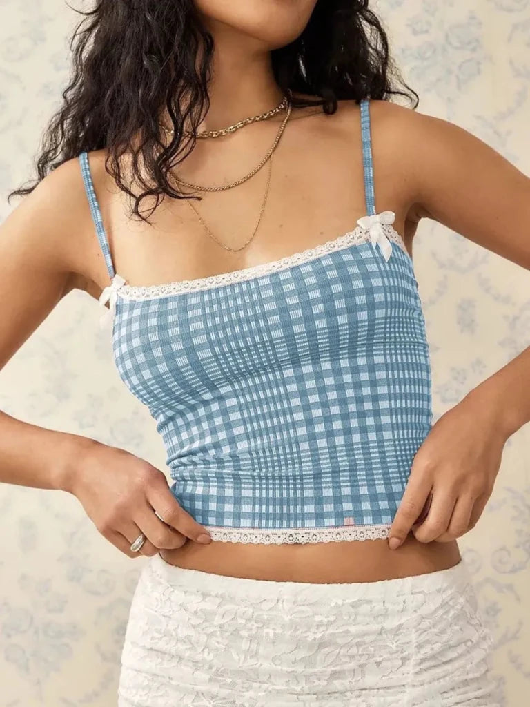 Lace Detail Plaid Square Neck Cami - Sky Blue by Trendsi from FREYA’S CLOSET