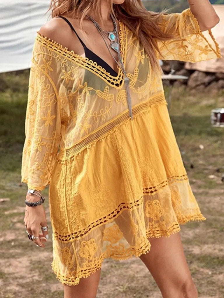 Lace Detail Plunge Cover - Up Dress - Gold by Trendsi from FREYA’S CLOSET