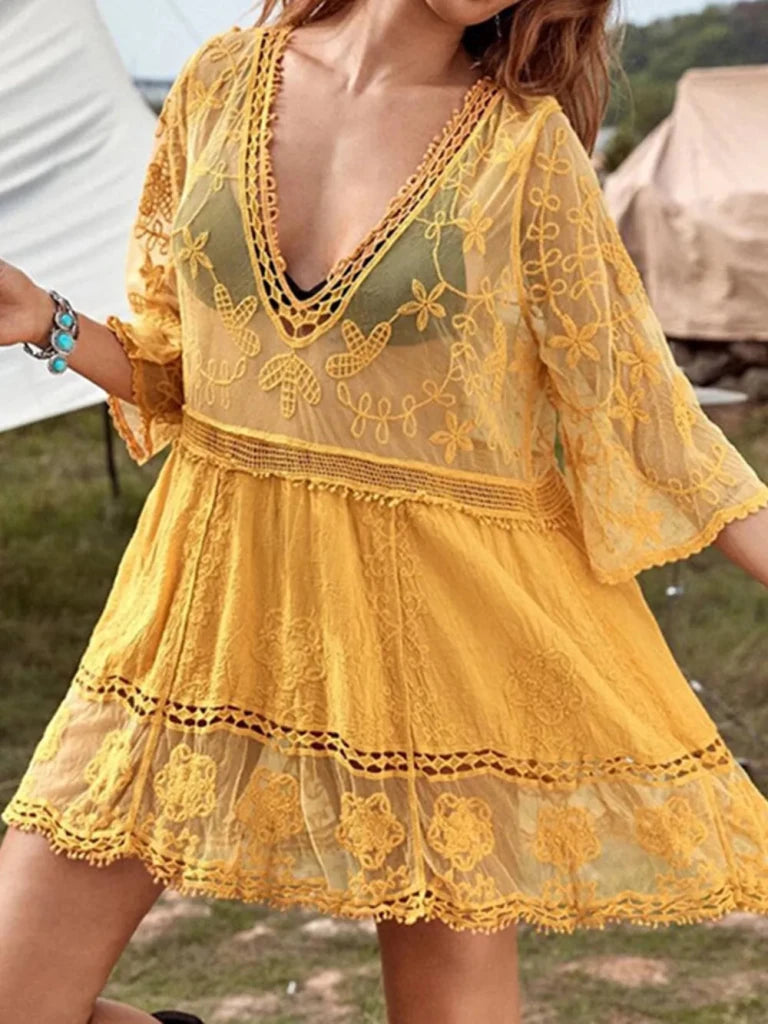 Lace Detail Plunge Cover - Up Dress - Gold by Trendsi from FREYA’S CLOSET